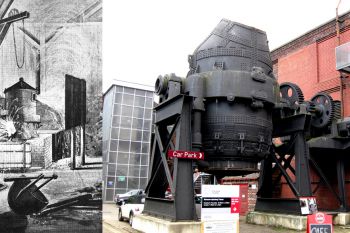 Izquierda: primitivo horno convertidor con su característica deflagración (posiblemente empleado por Göransson). Derecha: horno convertidor móvil, ubicado en la entrada del Museo Kelham de Sheffield 
